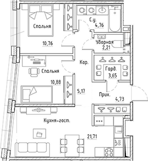2-комнатная квартира 63.87 м², 10/10 эт., ЖК «LEGENDA Лисичанская 22»